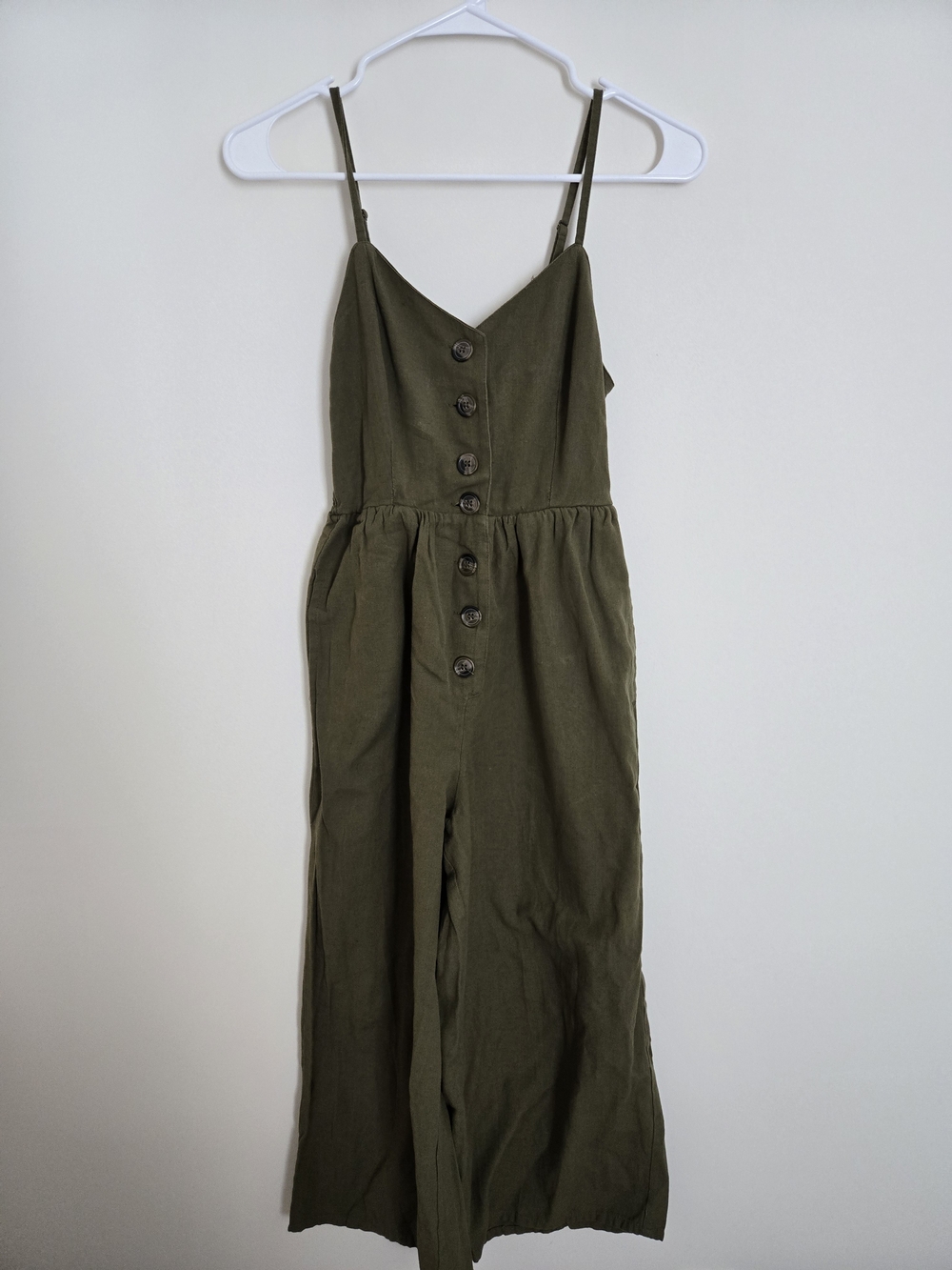 Japna Olive Green Button-Front Wide-Leg Jumpsuit